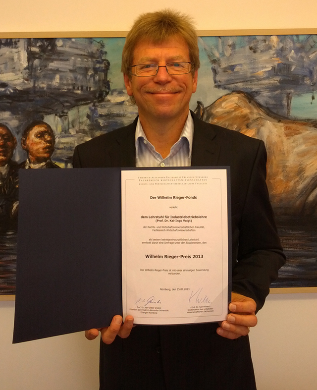 Lehrstuhl für Industrielles Management erhält Wilhelm-Rieger-Preis 2013