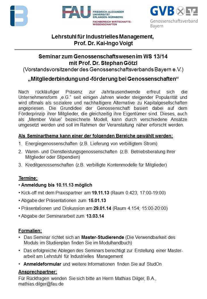 Veranstaltung “Seminar zum Genossenschaftswesen” mit Prof. Dr. Stephan Götzl