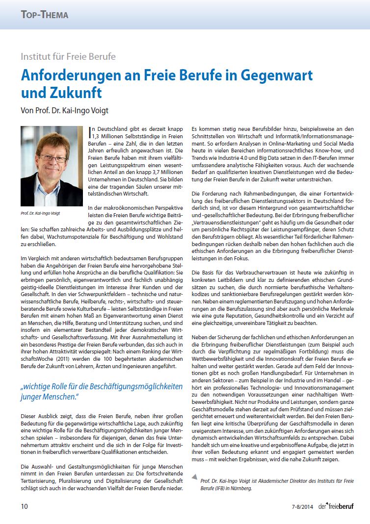 Beitrag von Herrn Prof. Voigt zur “Anforderung an Freie Berufe in Gegenwart und Zukunft” in der Zeitschrift für Beruf, Wirtschaft, Politik