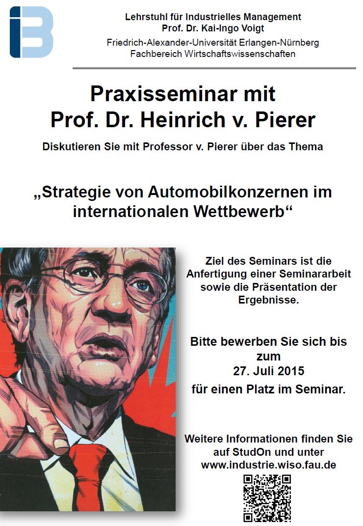 Bewerbungsphase für das Praxisseminar mit Professor Dr. Heinrich v. Pierer im WS 2015/ 2016 gestartet