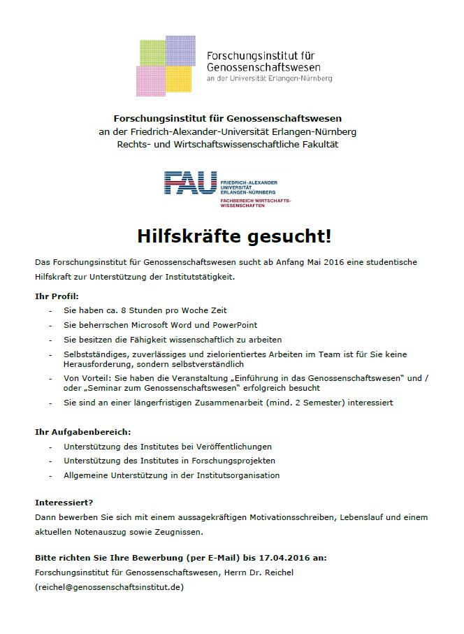 Studentische Hilfskraft für das Forschungsinstitut Genossenschaftswesen an der FAU gesucht