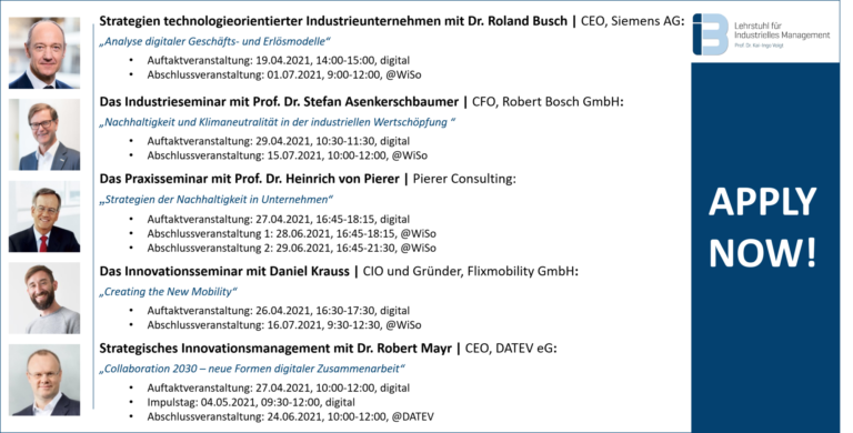 Apply now! Join our exciting seminars and meet unique minds from the business world